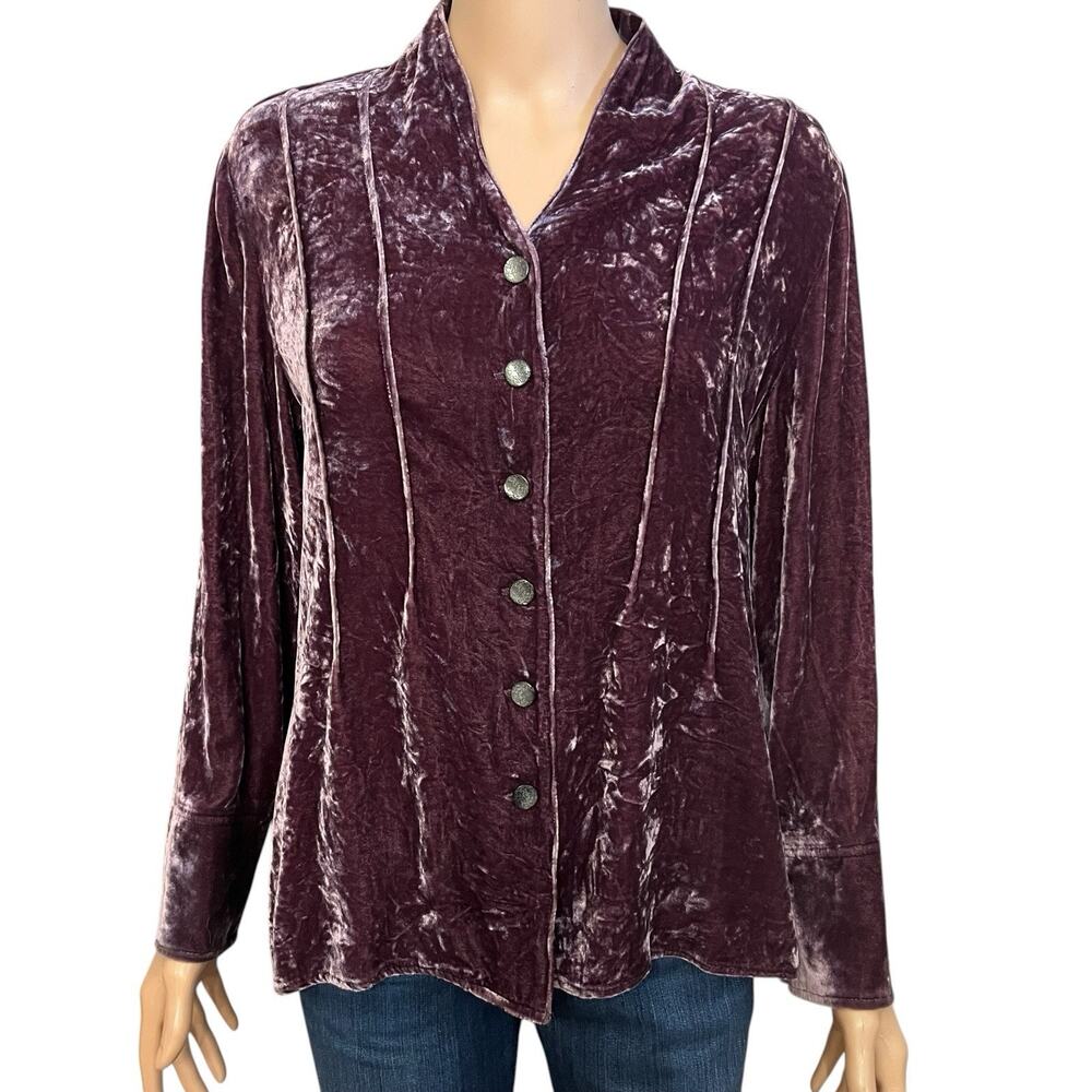 J Jill Crushed Velvet Button Down Blouse Large Petite Dark Purple Boho Goth